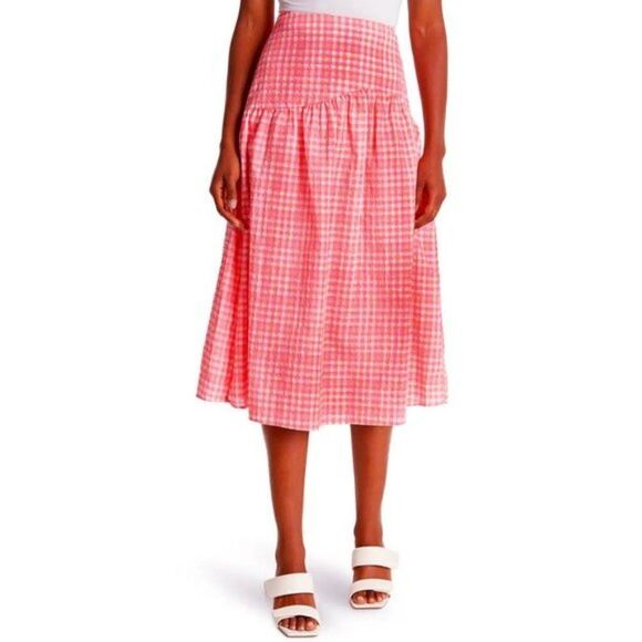 TOPSHOP Womens Skirt Pink Plaid High Waist Midi Fashion Summer Casual NWT Size 4 - Picture 1 of 4